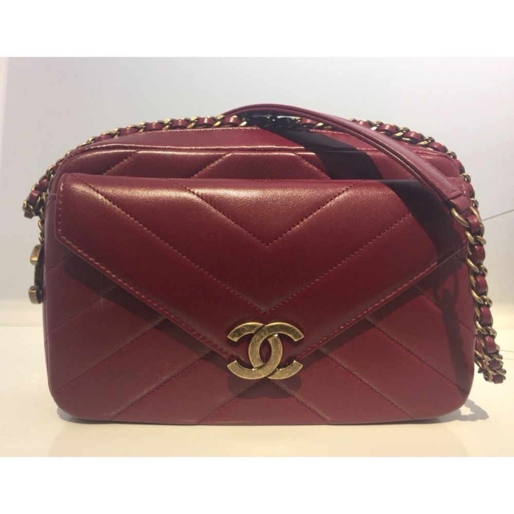 Chanel Red Lambskin Leather Chain Strap Camera Bag with Removable Wallet